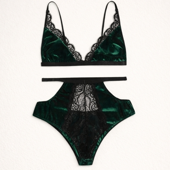None Other - Emerald Green Velvet & Lace High-Waist Bralette Lingerie Set Large Boudoir Goth